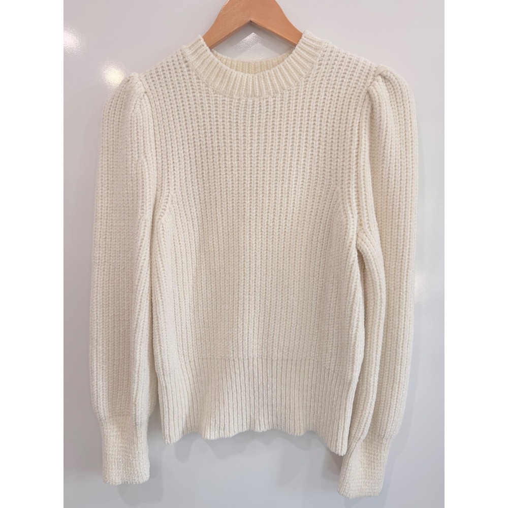 HM White Chenille Puff Sleeve Knit Sweater‎ Ribbed Crewneck Cream S